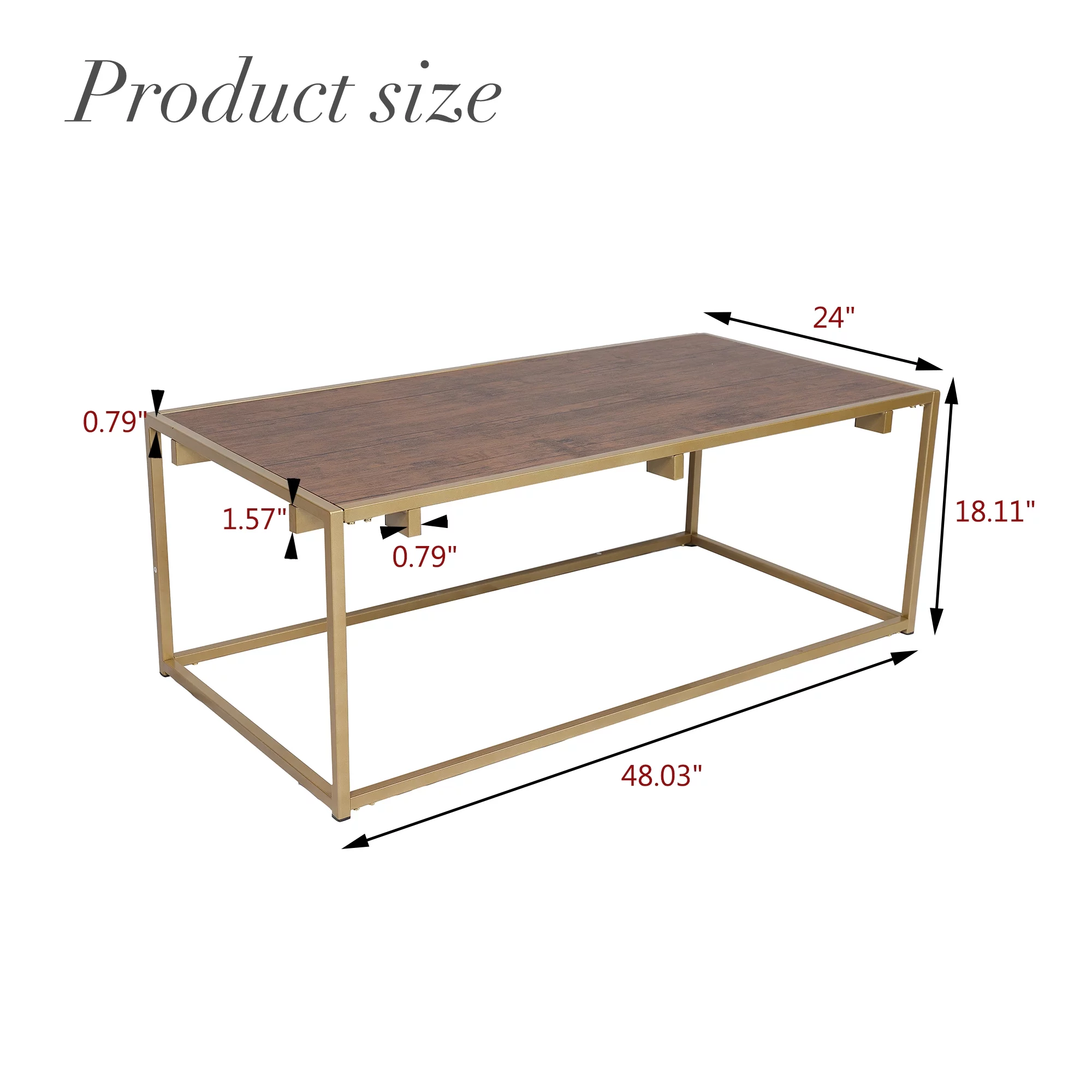 Alazyhome Modern Industrial Style Rectangular Wood Grain Top Coffee Table with Gold Metal Box Frame