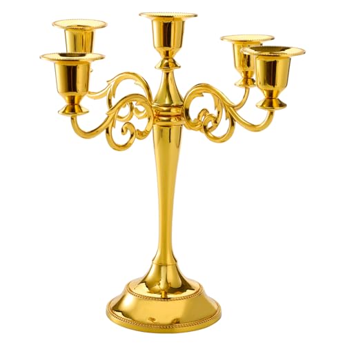 YOUEON Gold 5 Arms Candelabra, 10.4 Inch Metal Tall Candelabra Candle Holder Candlestick Holder for 1 Inch Diameter Pillar Candles, Taper Candle Holder, Candelabra Decoration, Wedding