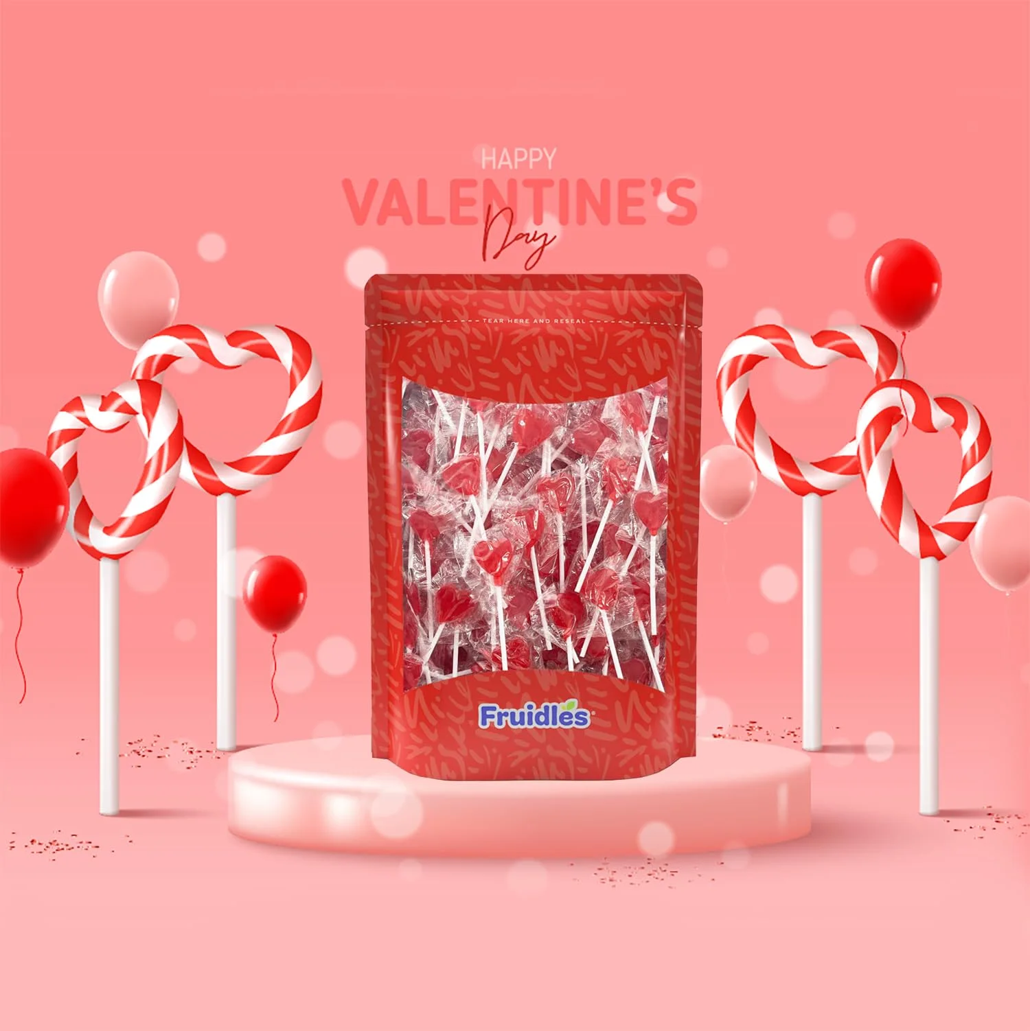Fruidles Valentines Day Lollipops Mini Red Heart Shaped Strawberry Flavored Lollipop, Individually Wrapped, 5G Lollipops (400 Lollipops (5 Pounds (Bulk)))