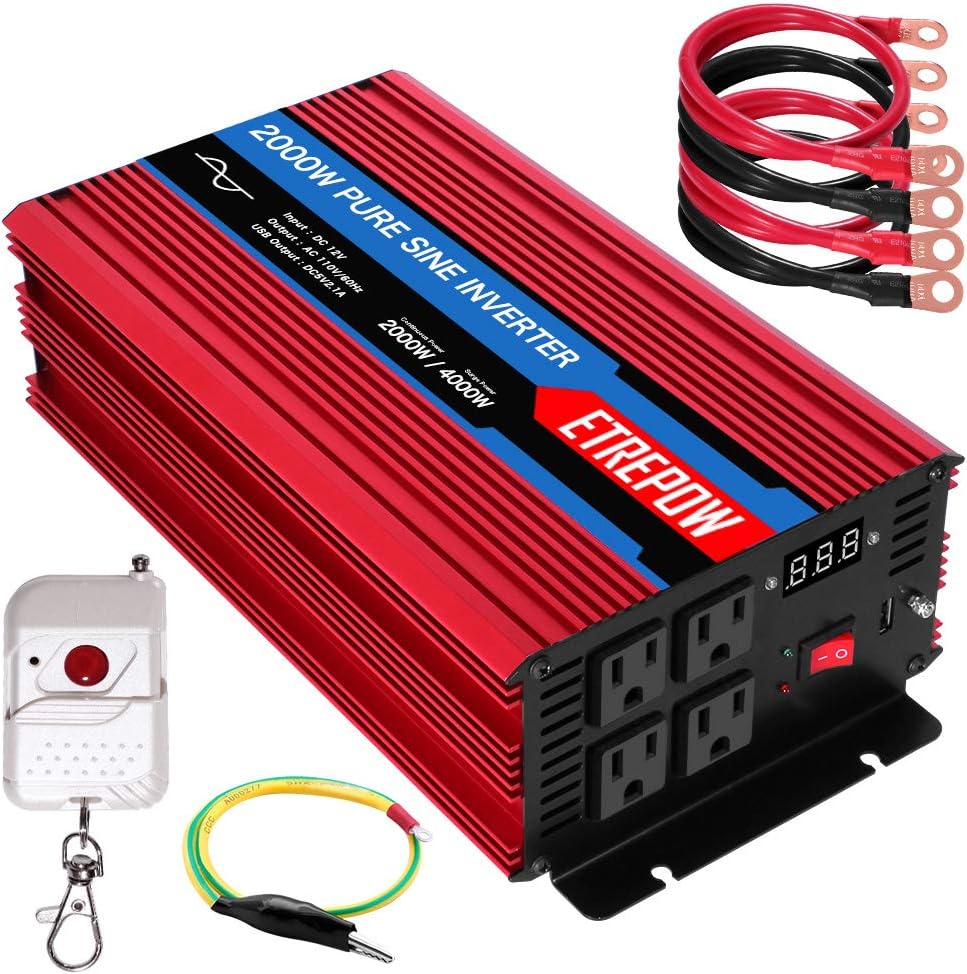 ETREPOW 2000 Watt/4000 Watt Pure Sine Wave Power Inverter 12V DC to 110V /120V AC Power Converter Wireless Remote Control-Off-Grid Inverter for Outdoor ,Home,Camping, RV,Truck,Car