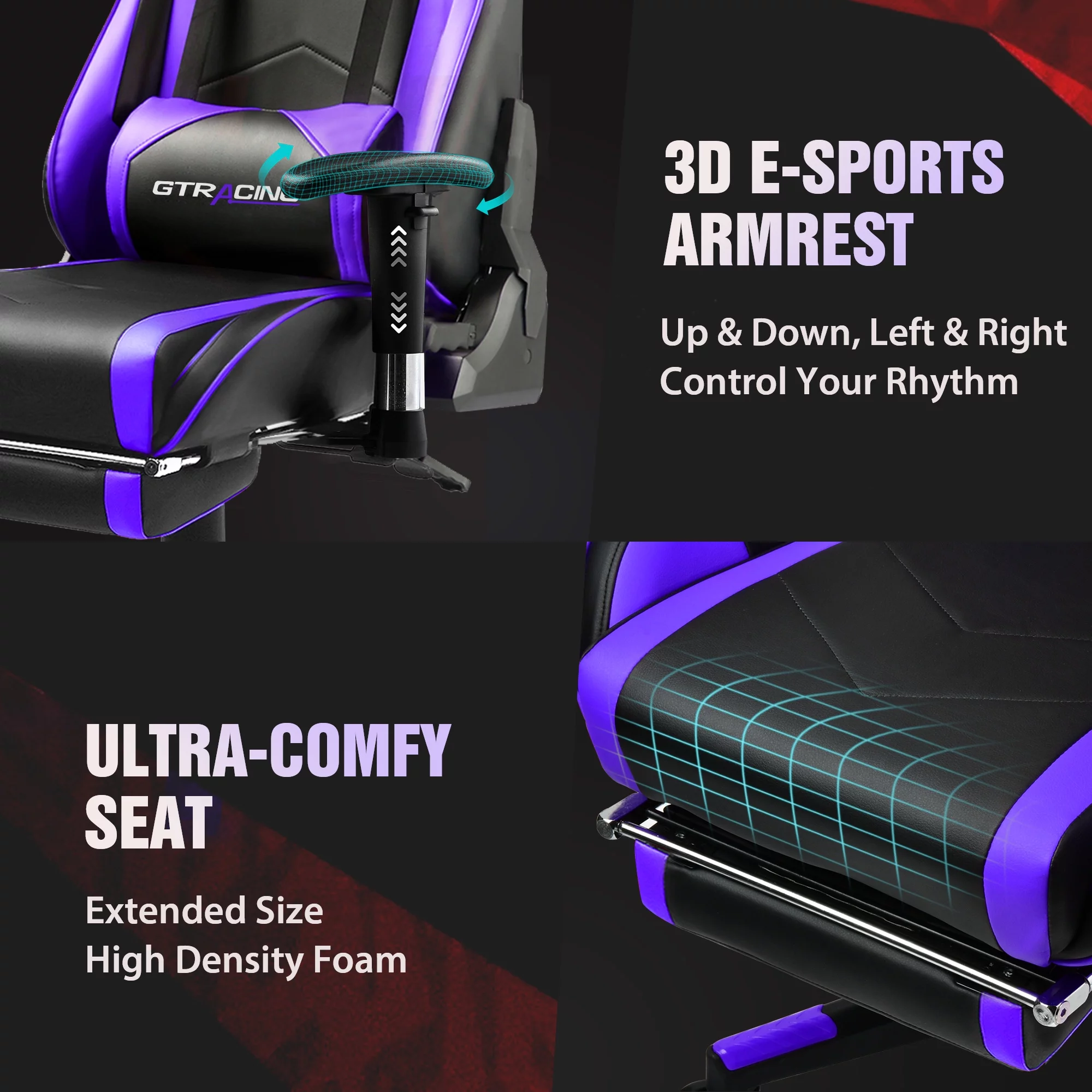GTRACING Gaming Chair with Footrest PU Leather Office Chair with Adjustable Headrest, Purple