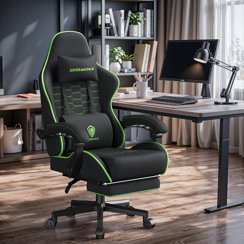 Dowinx Gaming Chair Fabric with Pocket Spring Cushion, Massage Game Chair Cloth with Headrest, Ergonomic Computer Chair with Footrest 290LBS, Black Green