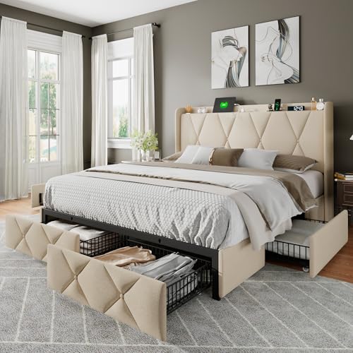 Feonase Twin Bed Frame with 3 Storage Drawers, Upholstered Platform Bed with Charging Station, Wingback Storage Headboard, Wooden Slats Support, No Box Spring Needed, Easy-Assembly, Light Grey