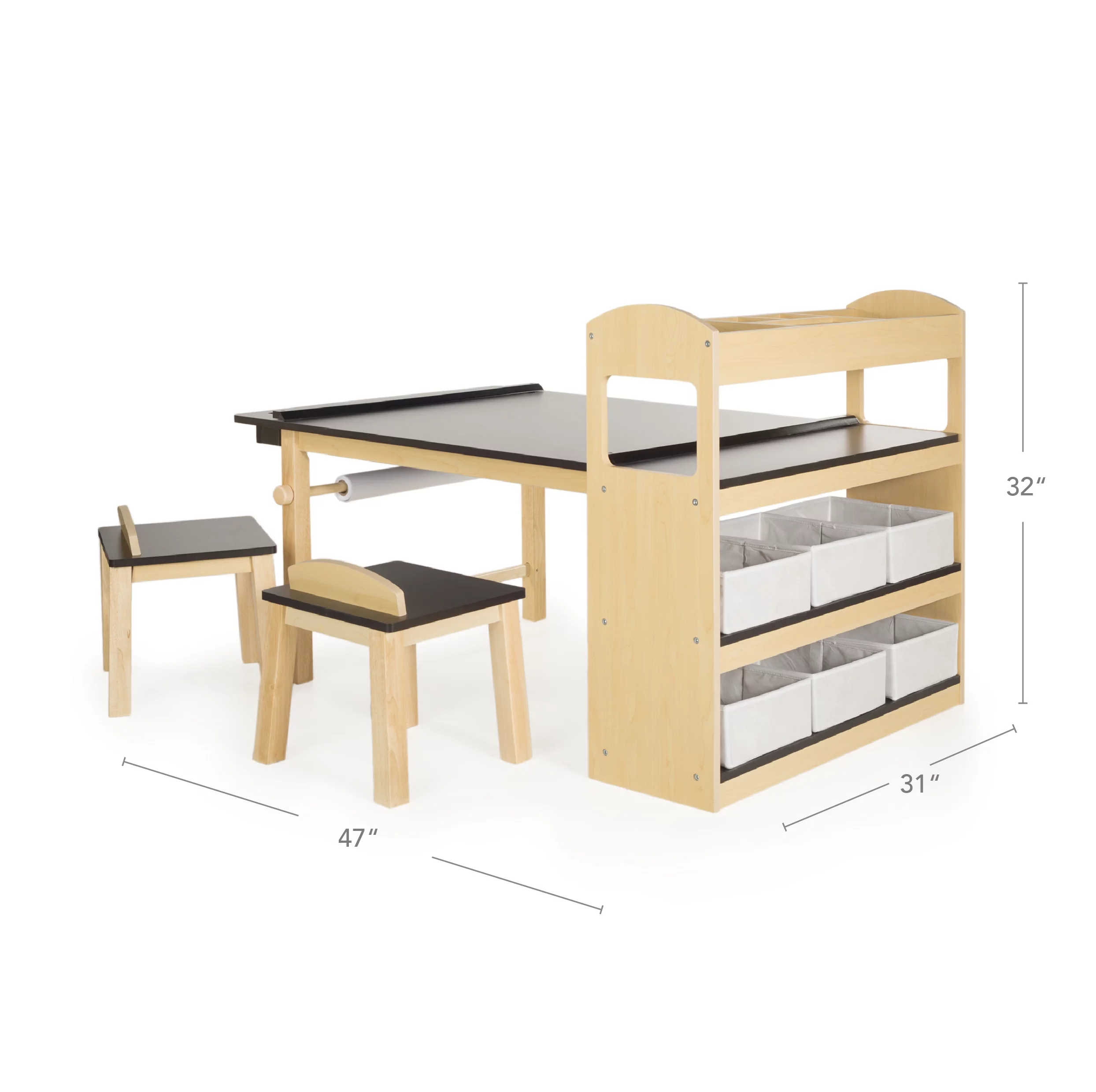 Guidecraft Deluxe Art Center: Drawing Desk and Painting Table for Kids, W/ Two Stools, Craft Supplies Storage Shelves, Canvas Bins, Paper Roll – Preschool Toddler Wooden Learning Furniture