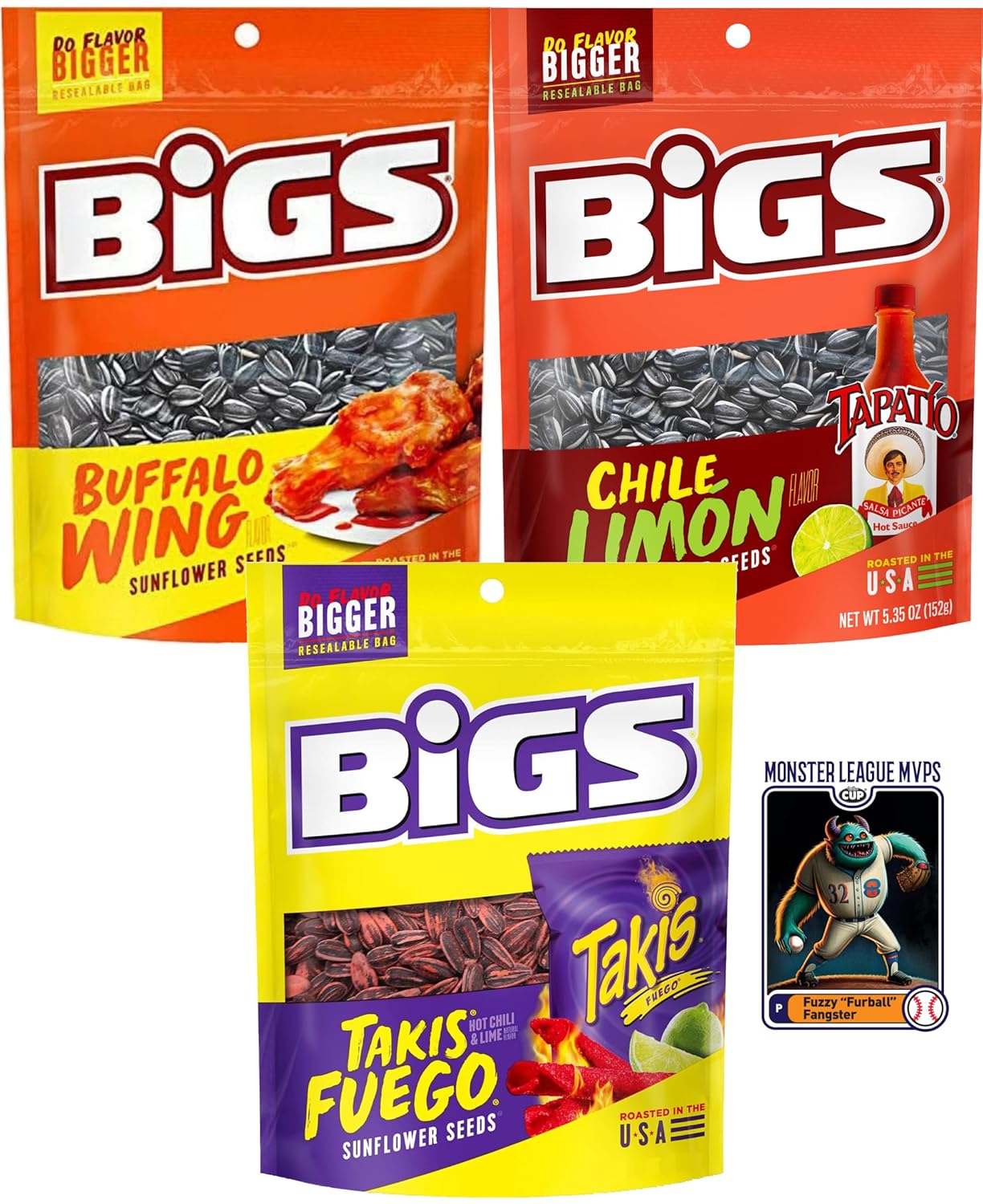 Bigs Sunflower Seeds Spicy Variety, 1 of each Flavor: Buffalo Wing, Chile Limon, Takis Fuego, 5.35 oz (Pack of 3) with By The Cup Baseball Card