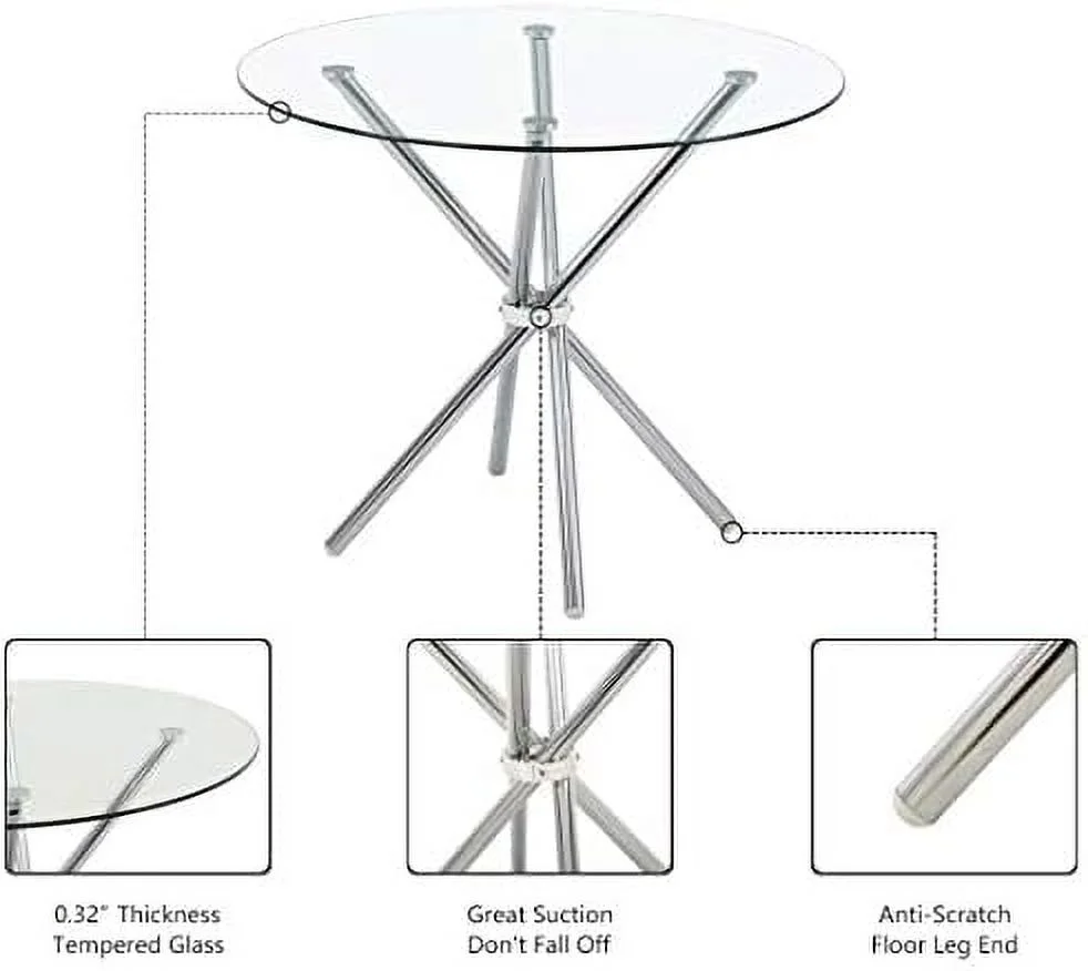 TJUNBOLIFE Round Glass Dining Table with Clear Tempered Glass Top  4 Chrome Legs Round Table for 2 or 4 Person  Modern Kitchen Table  for Home Office Kitchen Dining Room(W 35.4 x L 35.4 x