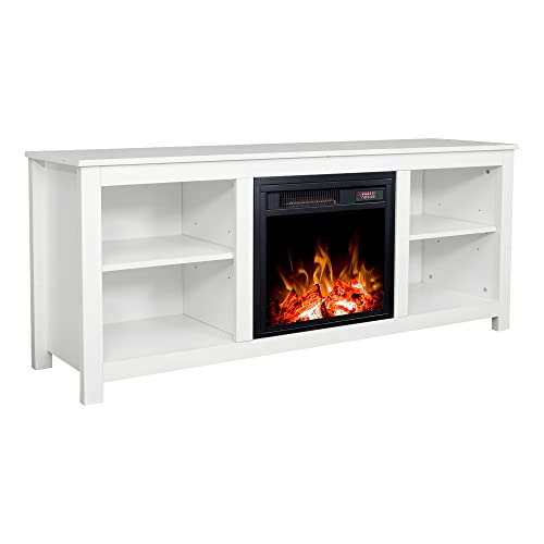 Classic 4 Cubby Fireplace TV Stand, Electric Fireplace TV Stand for 65 Inch TV with 4 Open Storage Shelves, Modern TV Storage Cabinet Center Stand with Fireplace for Living Room (White)