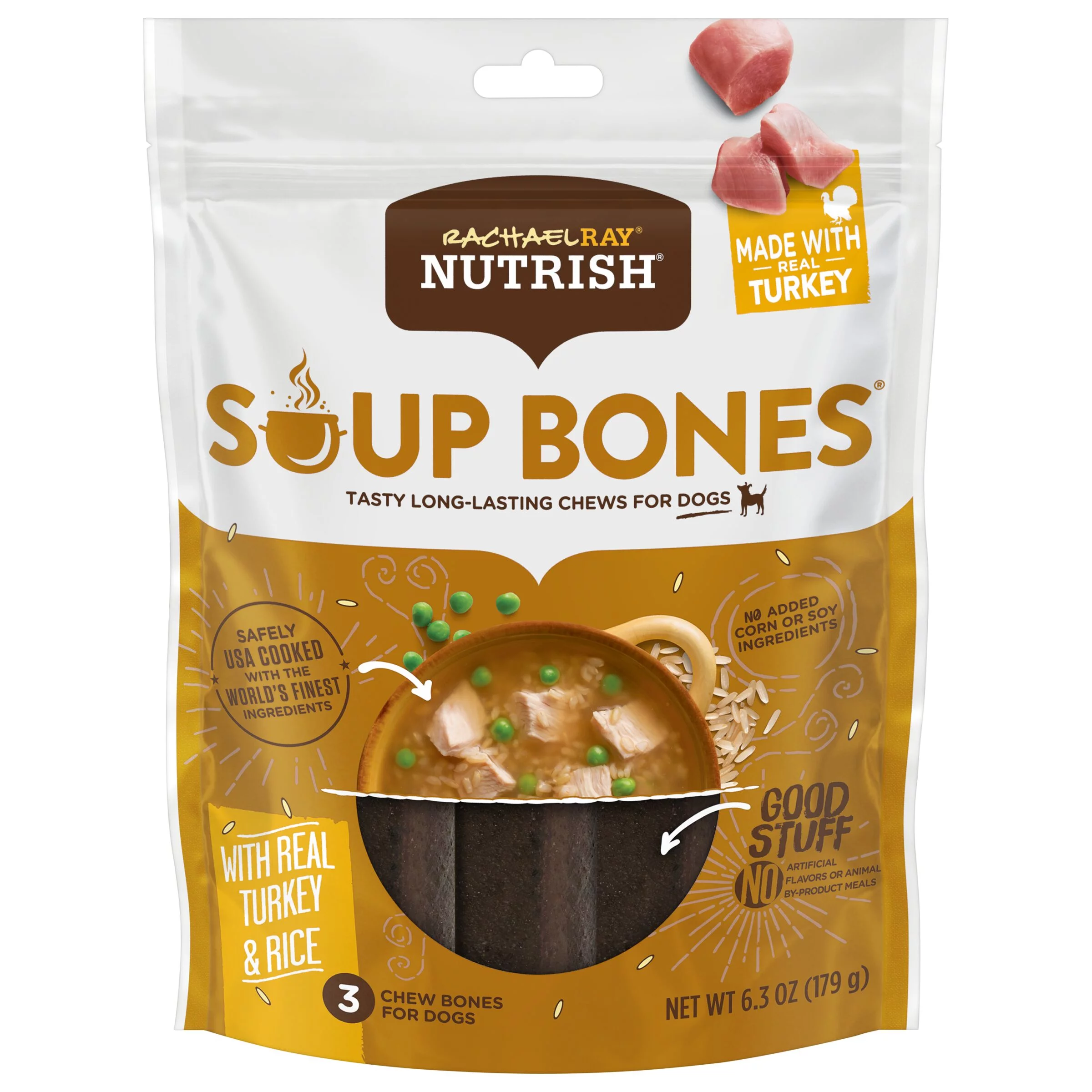 Rachael Ray Nutrish Soup Bones Dog Chews With Real Turkey & Rice, 3 Dog Chews