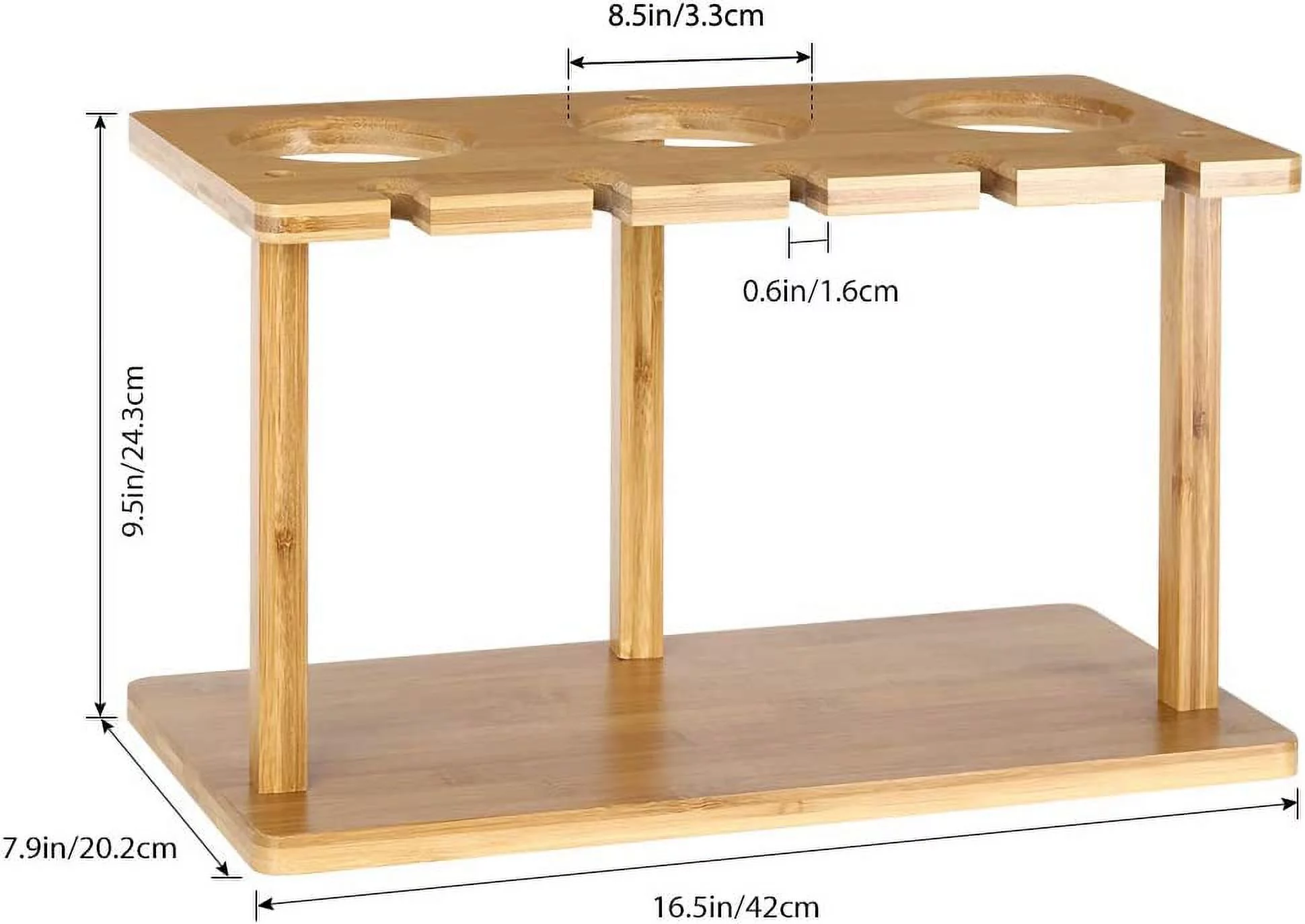 Countertop Bamboo Wine Holder Rack, Holds 3 Bottles & 3 Glasses