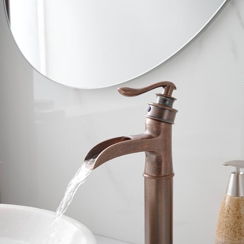 BWE Vessel Sink Faucet Waterfall Matte Black with Pop Up Drain Without Overflow and Supply Lines, Black Sink Faucet Bathroom One Handle Faucets Vanity Bath Mixer Tap