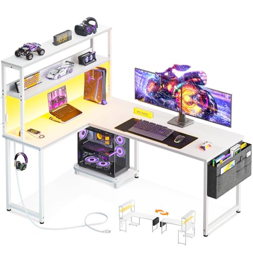 ODK 53 Inch L Shaped Desk with LED Lighting, Reversible Gaming Desk with Power Outlets, Cornor Computer Table with Storage Shelves & Bag & Iron Hook, Home Office Table for Writing, Study, Black