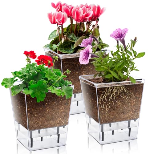 Self Watering Pots Set, 3 Pack 2.7 Inch Self Watering Pots for Indoor Plants, Clear Planter Pot with Deep Reservoir for Succulents, Seedlings, Small Plants