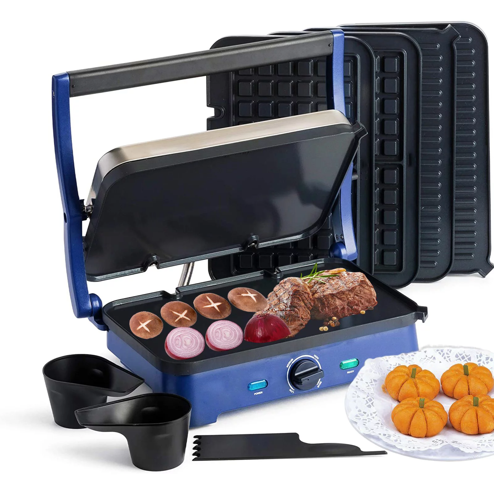 Ceramic Electric Griddle Nonstick - Contact Griddle with Waffle Plates (Blue)