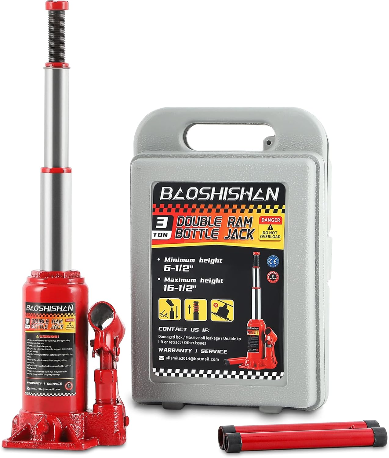 BAOSHISHAN 3 Ton Double Ram Bottle Jack 6-1/2 to 16-1/2 Lifting Range Portable Hydraulic Jack with Carrying Case
