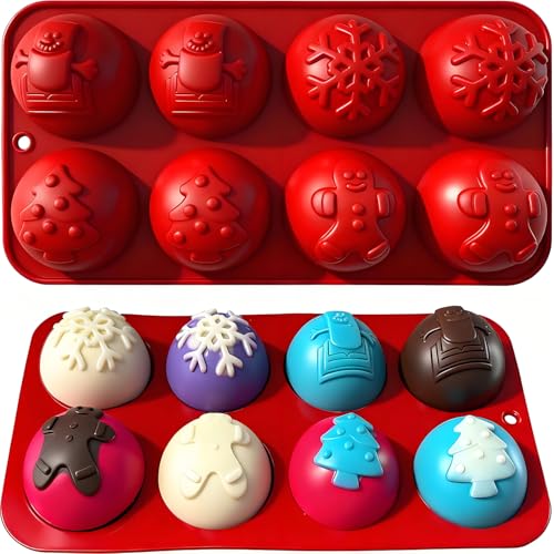 2 Pcs Christmas Hot Cocoa Bomb Mold, 8-Cavity Christmas Hot Chocolate Bomb Mold with Xmas Tree Snowflake Snowman Shape Half Sphere Round Chocolate Silicone Molds for Mousse Cake Jelly Pudding Jello