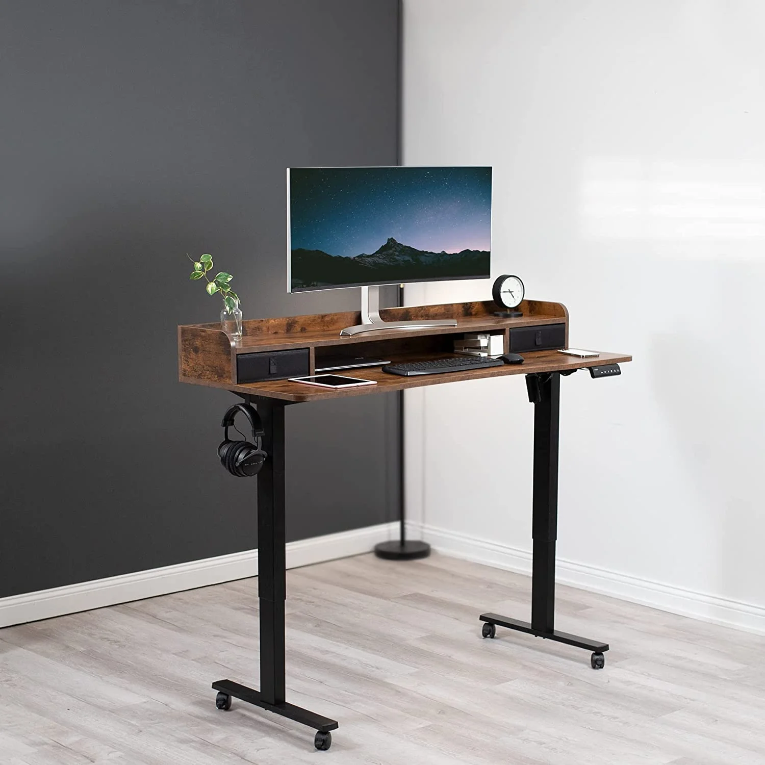 Electric 2-Tier Height Adjustable 60 X 24 Inch Stand Up Desk, Mobile Table With Storage Drawers, Standing Workstation With Memory Controller, Casters, Dark Walnut Top, Black Frame, DESK-E-Y60SD