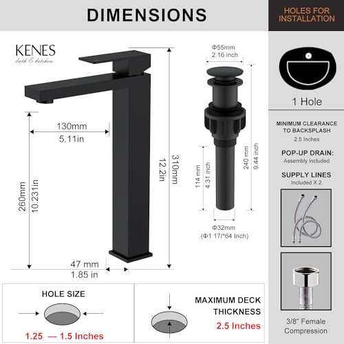 KENES Brushed Nickel Vessel Sink Facuet Single Handle Tall Bathroom Sink Faucet Vanity Bathroom Faucet Basin Mixer Tap with Water Supply Hose and Pop Up Sink Drain, LJ-9031A