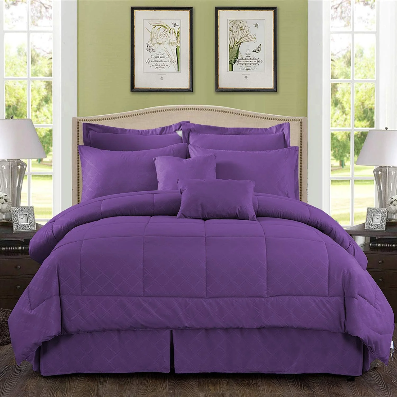 Kig Comforter Set, 10 Piece Microfiber Beddig Comforter Sets With Shams - 430GSM Heavyweight, Luxury Solid Color Quilted Embroidered Patter, Perfect For Ay Bed Room Or Guest Room, Purple