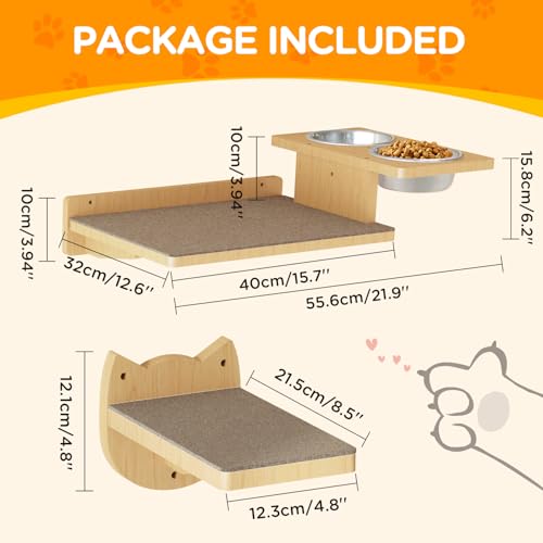 MeowHomm Cat Wall Shelves, Wood Wall Furniture with 3 Steps, Cat Feeding Shelf with 2 Food Bowls, Wooden Bed Furniture Wall Mounted