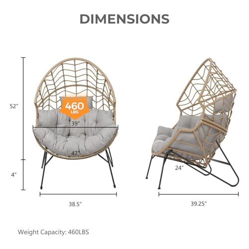 Grand patio Outdoor Egg Chair PE Wicker Wood Grain Finish Comfortable Conversation Chair with Olefin Cushion Oversized Lounger Chair with Stand for Porch, Backyard, Living Room - Dark Grey
