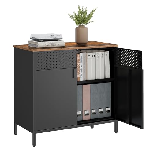 SONGMICS Storage Cabinet, Metal Cabinet, Sideboard with 2 Doors, 15.7 x 31.5 x 29.9 Inches, Magnetic Closure, Adjustable Shelf, Steel Frame, Rustic Brown and Black ULSC102B01