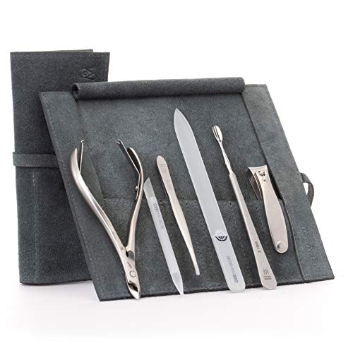 GERMANIKURE 6pc Manicure Set in Gray Suede Case - FINOX Stainless Steel Tools Made in Germany, Glass Nail Care Supplies Made in Czech Republic – Professional Cuticle and Nail Care Kit