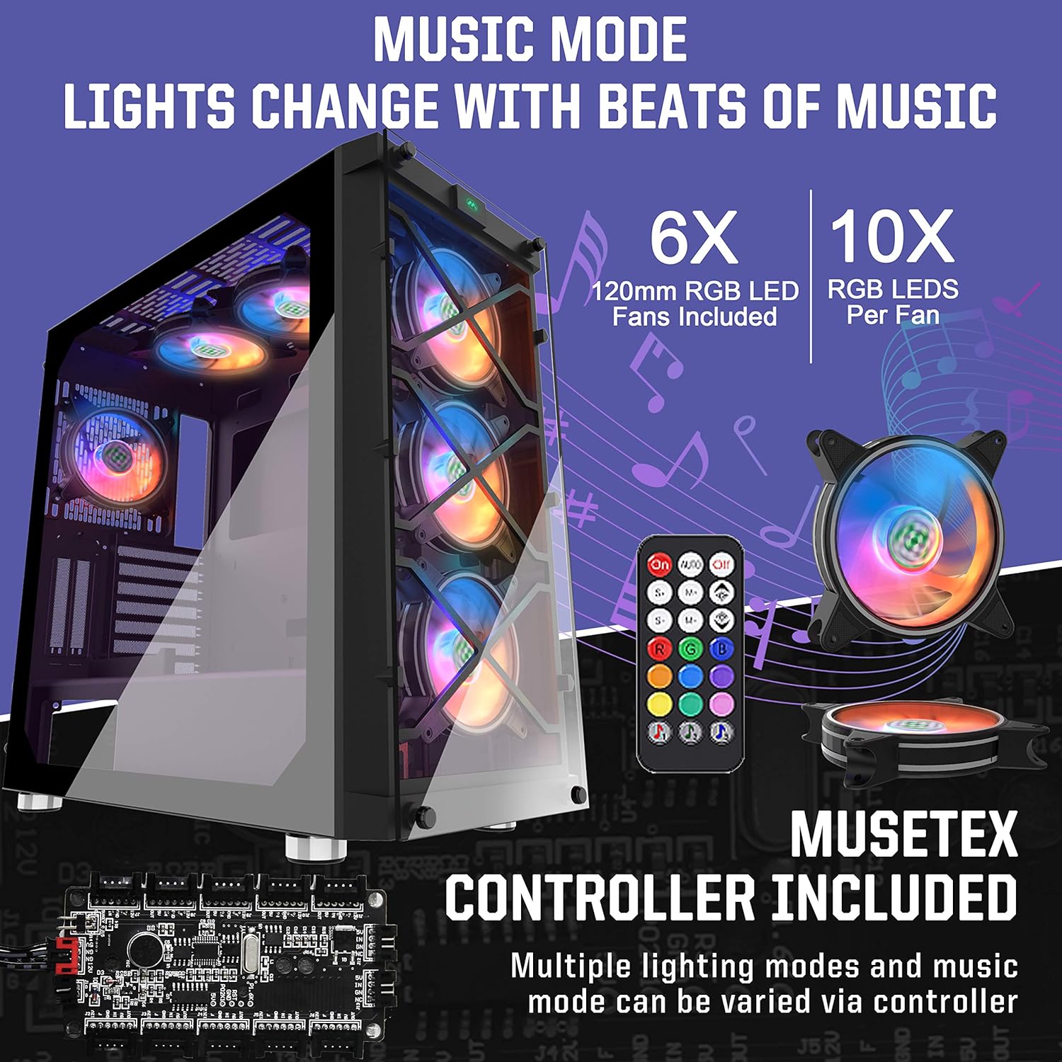 MUSETEX USB 3.0 Ports & 6 PCS 120mm LED ARGB Fans Pre-Installed ATX Mid Tower Computer Gaming Case with Remote Control Tempered Glass (BX6-MN6)