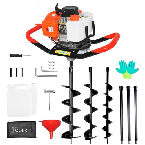 Post Hole Digger,72CC 2 Stroke Auger Post Hole Digger, Gas Powered Earth Digger 3 Auger Drill Bits(4