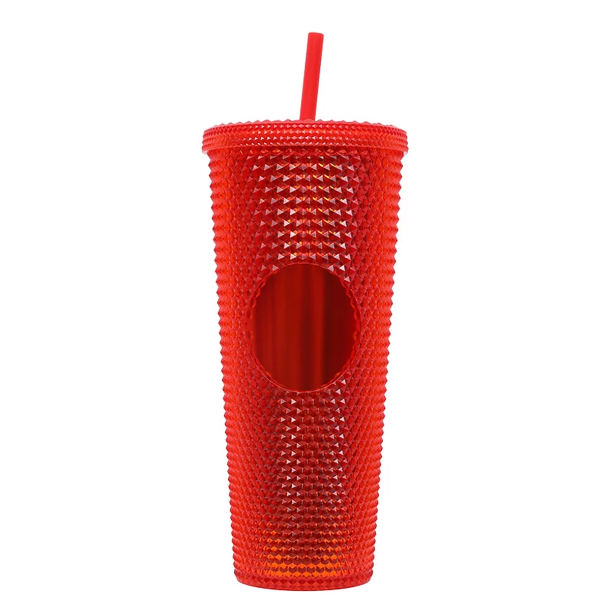 IMMEKEY Studded Tumbler with Straw, Double Walled Iridescent Travel Tumbler/Straw Cup BPA Free, 24oz Capacity (Clear Red)