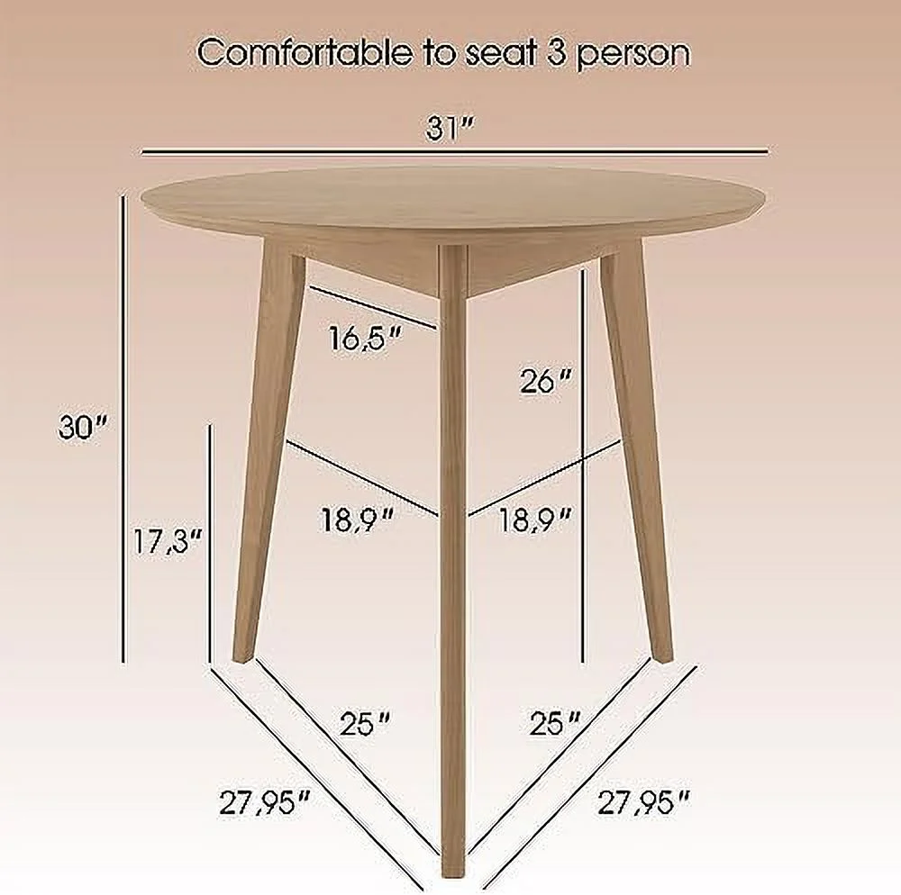 TJUNBOLIFE DAIVA  Orion Light 31 inch 3 Legs Round Table for 3 Person-Birch Solid Wood Kitchen & Dining Room  - Mid Century Modern Scandinavian Style\u2013White Brown Table for Small