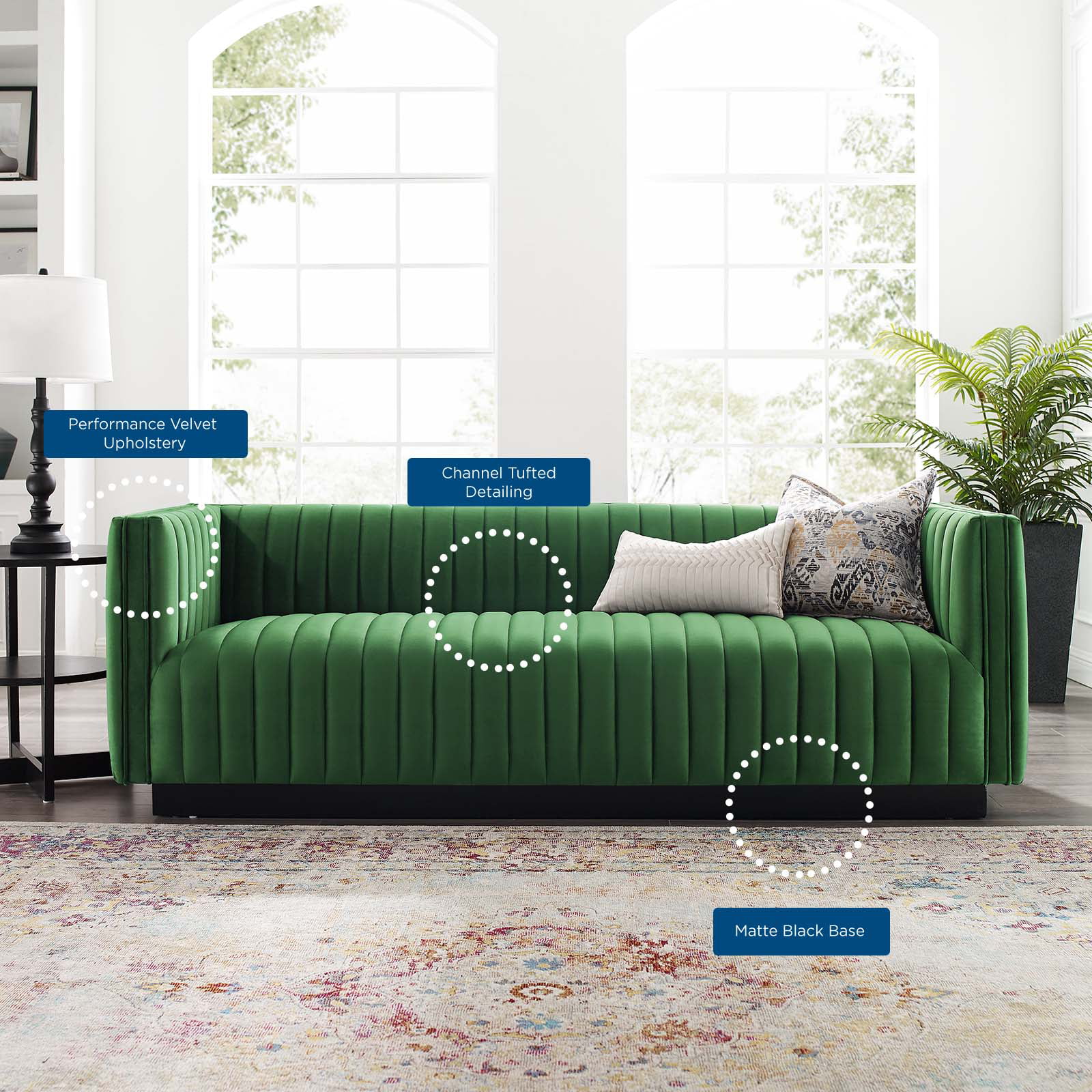 Modway Conjure Channel Tufted Velvet Sofa in Emerald