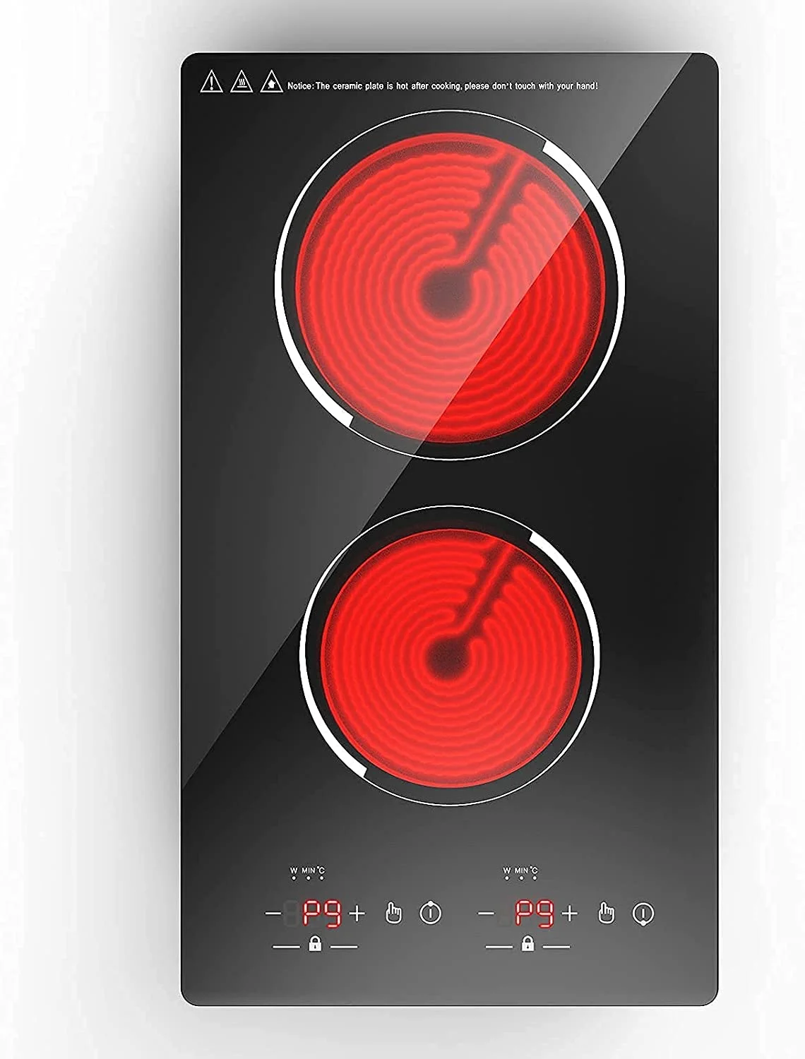 VBGK Electric Ceramic Cooktop, 12 Inch Built-in Radiant Electric Stove Top, 110V Ceramic Electric Stove with 2 Burners, 9 Heating Level, Timer & Kid Safety Lock, Sensor Touch Control