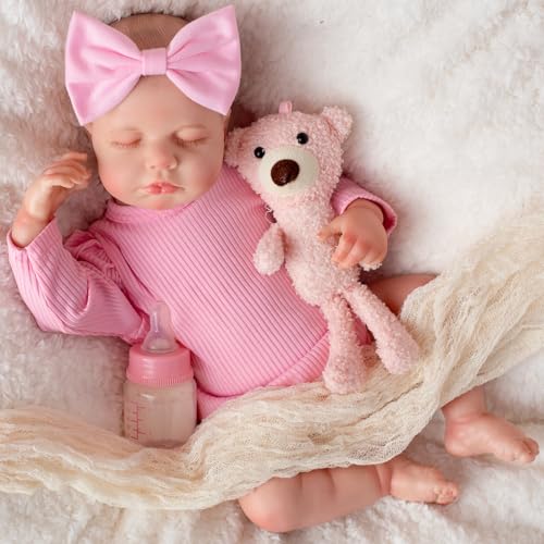 Realistic Real Life Baby Dolls - Reborn Lifelike Newborn 18 Inch Cloth Body Sleeping Baby Doll with Magnetic Pacifier & Feeding Accessories for 3+ Age Toddlers Kids