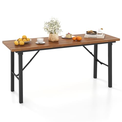 Tangkula Outdoor Dining Table for 4-6, No Assembly Foldable 59 Inches Narrow Patio Dining Table with Acacia Wood Top & Heavy Duty Metal Frame, for Yard, Garden, Poolside or Indoor (Natural)