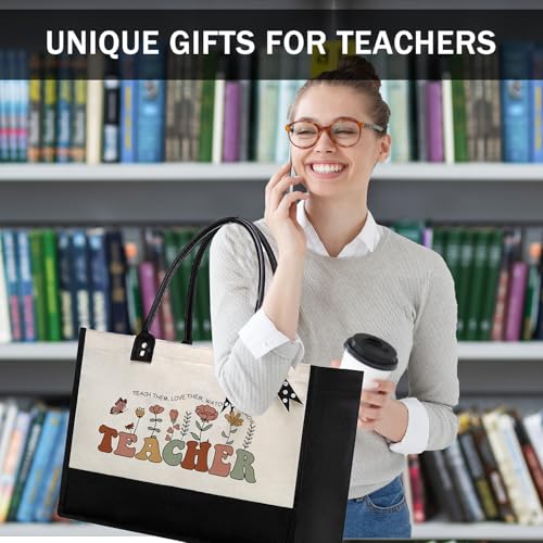 BeeGreen Mother's Day Gifts Personalized Women's Large White and Black Canvas Tote Bag, Embroidered Initials, Leather Handle, Zipper Closure