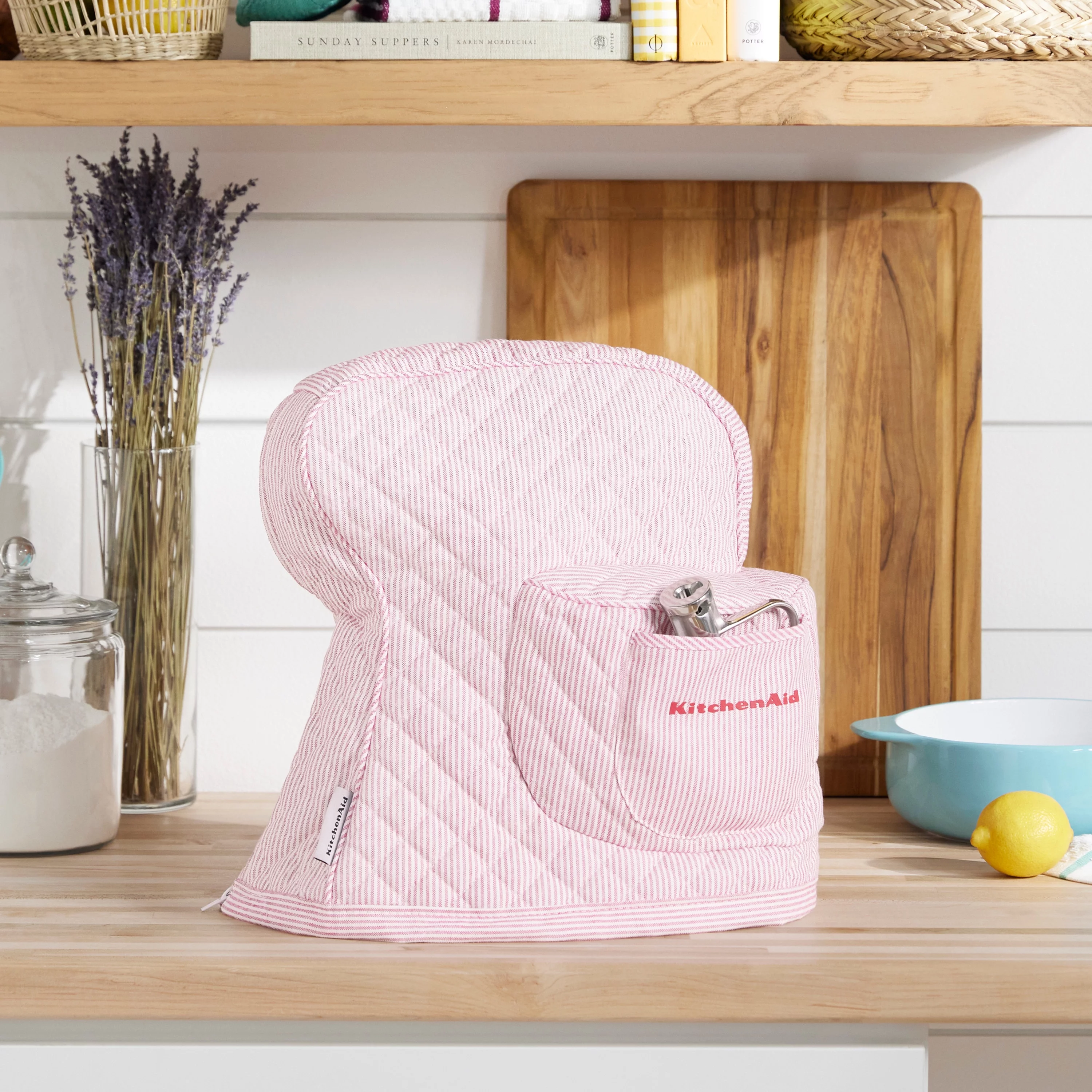 KITCHENAID Fitted Tilt-Head Ticking Stripe Stand Mixer Cover with Storage Pocket, Quilted 100% Cotton, Hibiscus Pink, 14.4