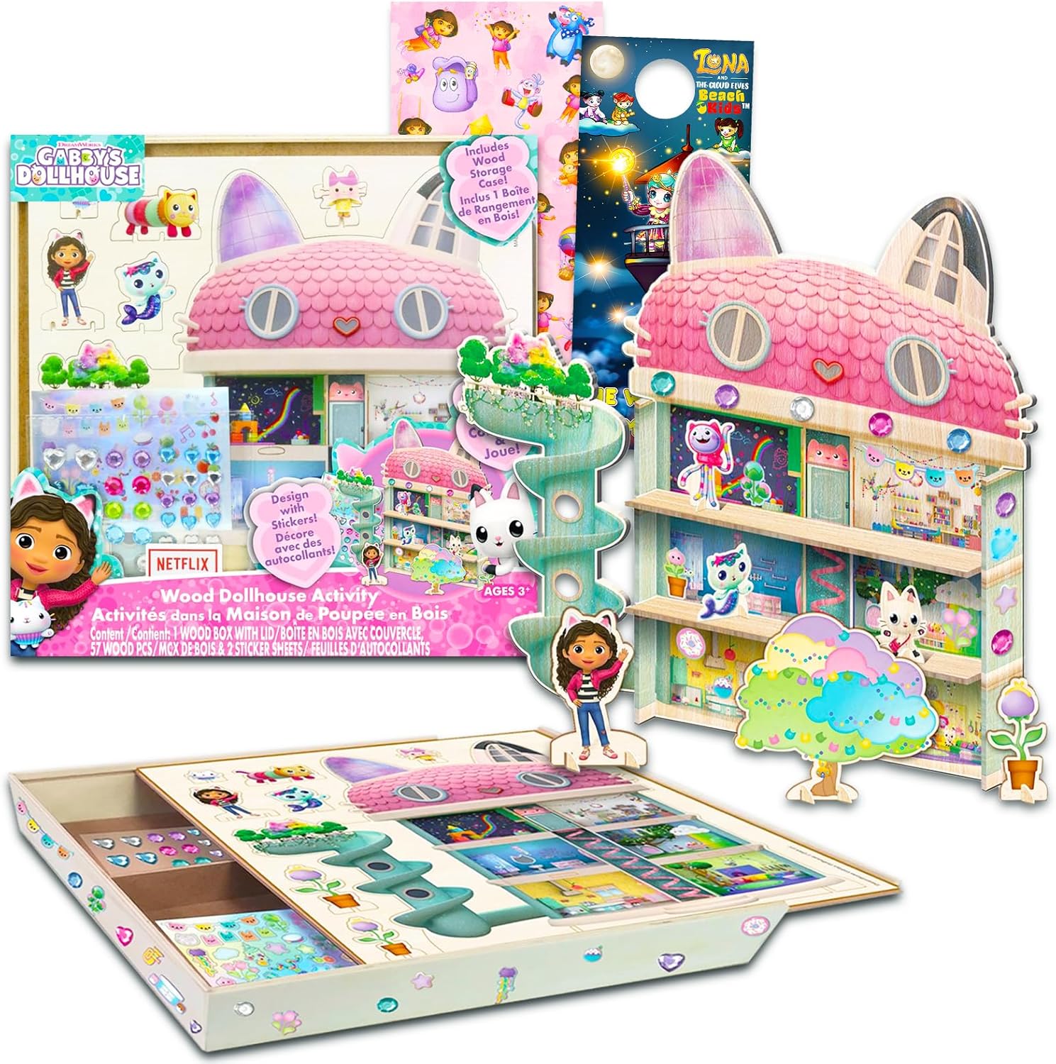 DreamWorks Gabby's Dollhouse Wooden Playset Toys for Girls - Bundle with Gabby’s Dollhouse Wooden Activity Playset, Stickers, and More | Gabby’s Dollhouse Wood Activity Set