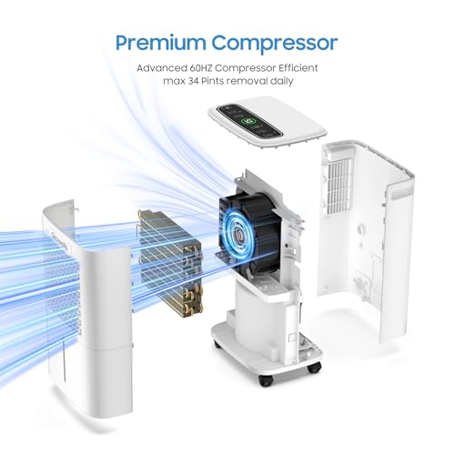 2500 Sq.Ft Dehumidifiers for Home Basement with Drain Hose, 34 Pints Large Room Dehumidifier Portable with Smart Humidity Control, 3 Opeartion Modes for RV, Bathroom, Bedroom