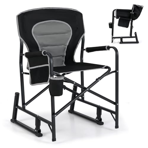 Goplus Outdoor Rocker Camping Chairs for Adults, Portable Folding Chair w/Dual Springs, Padded Back, Cup Holder, Storage Pocket, Heavy-Duty Rocking Arm Chair for Beach Lawn Travel Fishing(1,Wine)