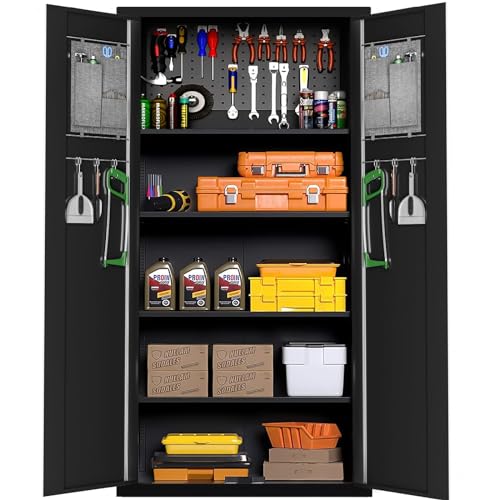Greenvelly Metal Garage Storage Cabinet, 72” Locking Black Tool Steel Cabinet with Doors and 4 Shelves, Tall Metal Cabinets with Garage Storage Systems for Home Office, Kitchen/Pantry