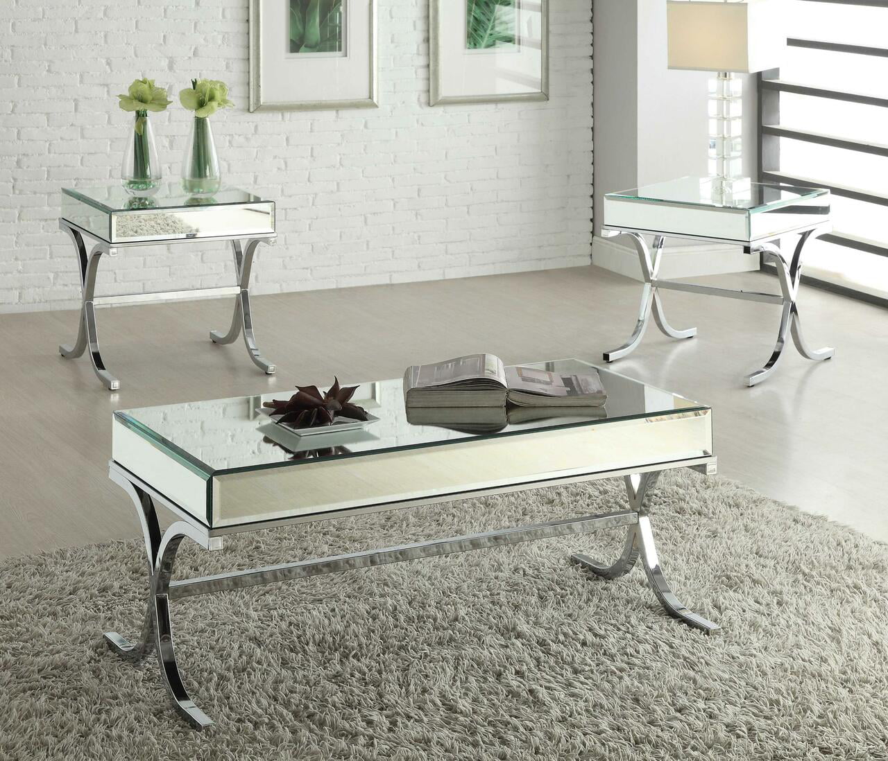Home Roots Furniture  22 x 21 x 21 in. Mirrored Top Tube End Table - Chrome