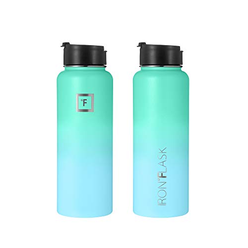 IRON °FLASK Camping & Hiking Hydration Flask with 3 Lids - Stainless Steel, Double Walled & Vacuum Insulated Water Bottle - Leak Proof & BPA Free (Midnight Black, Straw - 40 oz)