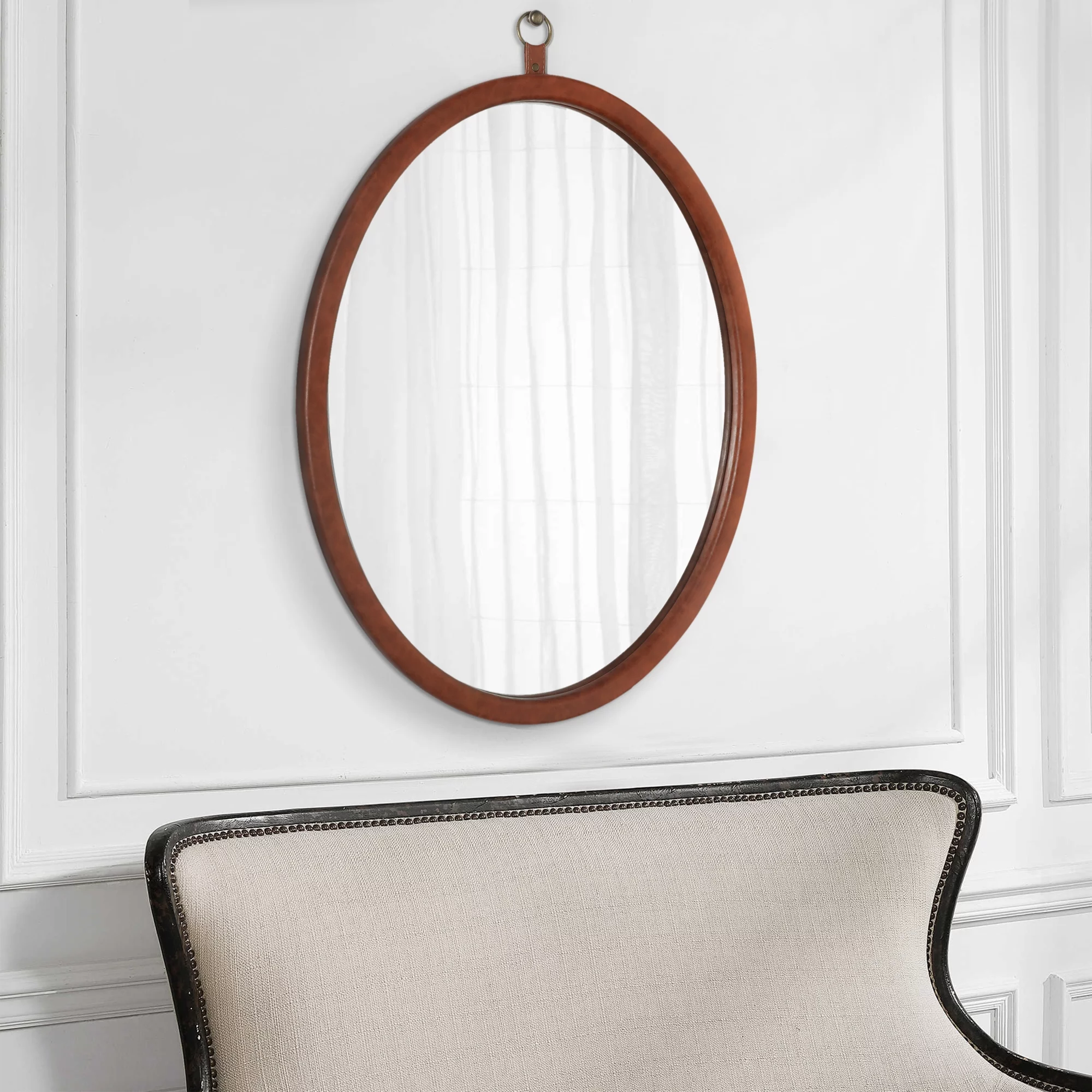 Oval Brown Decorative Wall Hanging Mirror,PU Covered MDF Framed Mirror for Bedroom Living Room Vanity Entryway Wall Decor,23.62x29.92inch