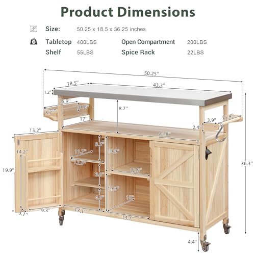 53.5''Farmhouse Kitchen Island with Power Outlet,Storage Cart W/Drop Leaf/Spice Rack/Drawer,Rolling KitchenCart on Wheels,for Home,Dining Room,White