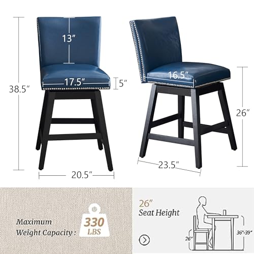 Swivel Bar Stools Set of 2 - Counter Height Bar Stools with Back, Free 360° Swivel, Nail Head Design, Upholstered, Solid Wood Frame for Farmhouse, Rustic & Nordic Style Bars, White