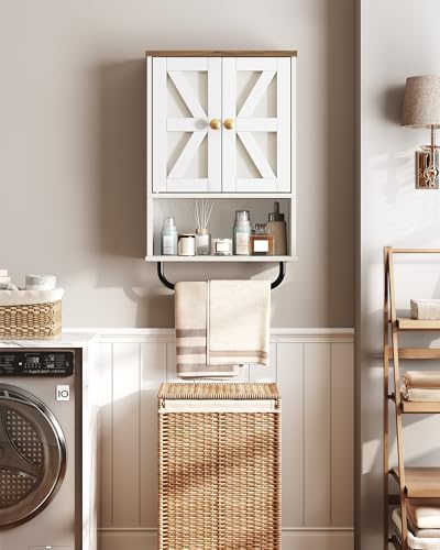 Bathroom Wall Cabinet, Medicine Cabinet with Open Partition and Towel Bar, Rustic Storage Cabinet with Open and Hidden Storage Space, for Bathroom, Living Room, Kitchen, White and Walnut