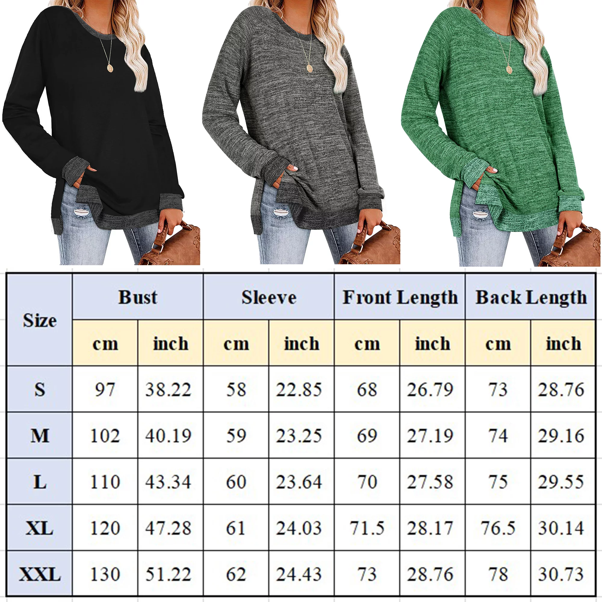 TEMOFON Womens Long Sleeve T Shirts Casual Color Block Blouses Fashion Side Split Tunic Tops Green Comfy Tees