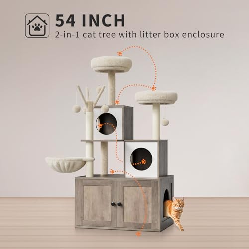 57.5-Inch Cat Tree with Litter Box Enclosure 2-in-1 Modern Cat Tower with Cat Condo/Hammock/Scratching Post/Plush Perch/Removable Pompom Sticks/Caves, Wooden Hidden Litter Box Furniture, Oak Brown
