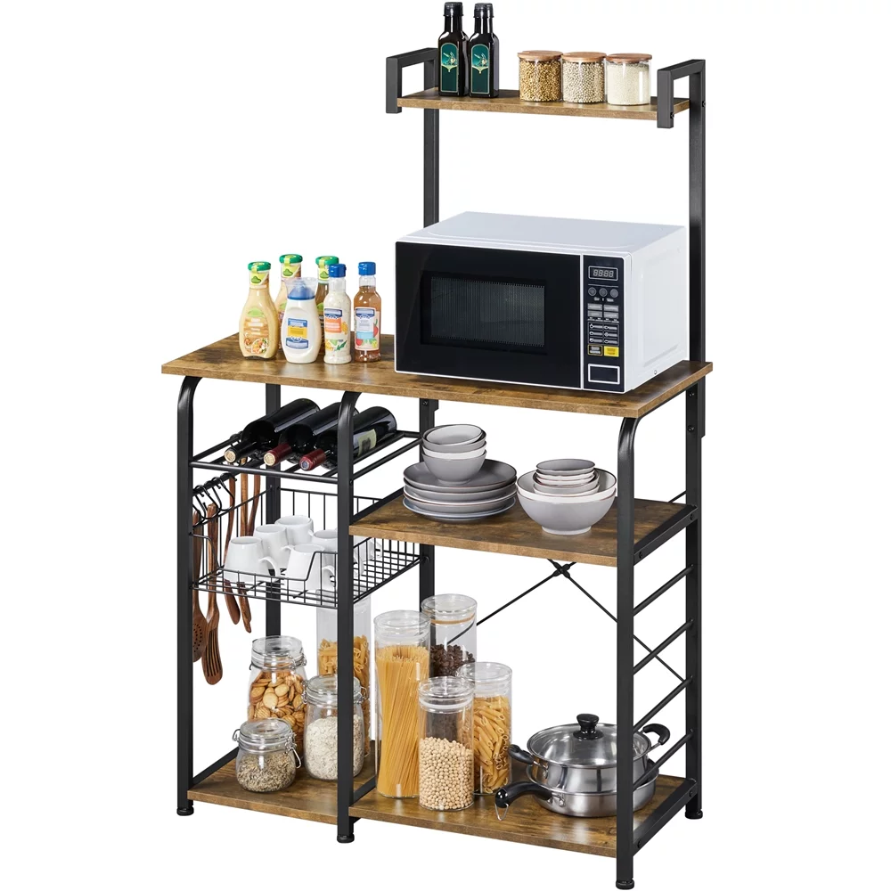 Yaheetech 35.5'' H Baker's Rack Storage Shelf with 10 Hooks & Wine Rack Microwave Oven Stand, Rustic Brown