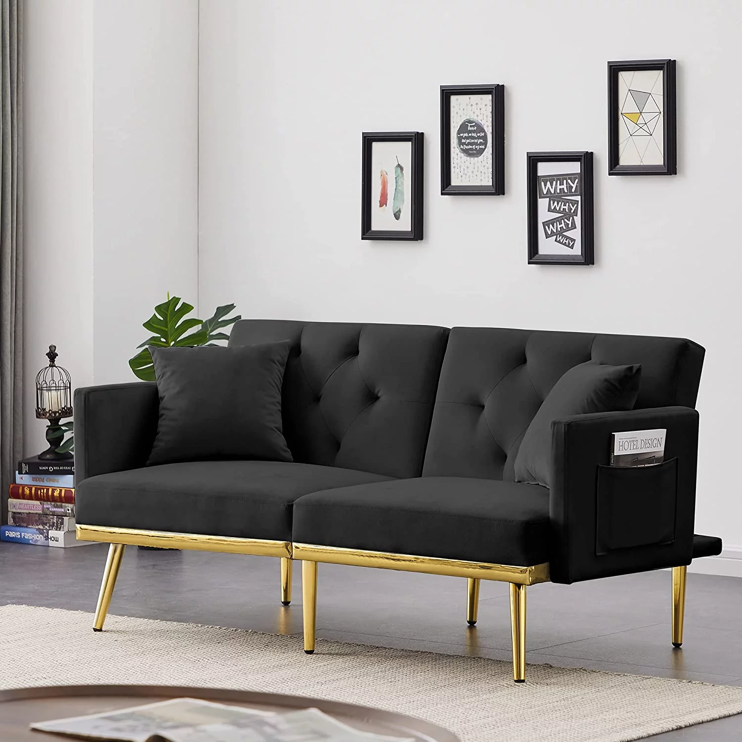 Futon Sofa Bed, Convertible Sleeper Sofa, Upholstered Loveseat Sofa Couch With Side Pocket & Adjustable Back, Modern Folding Sofa Bed, For Small Space, Living Room, Apartment, Black